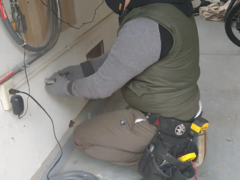 Electrician performing outlet wiring in a Dansville garage